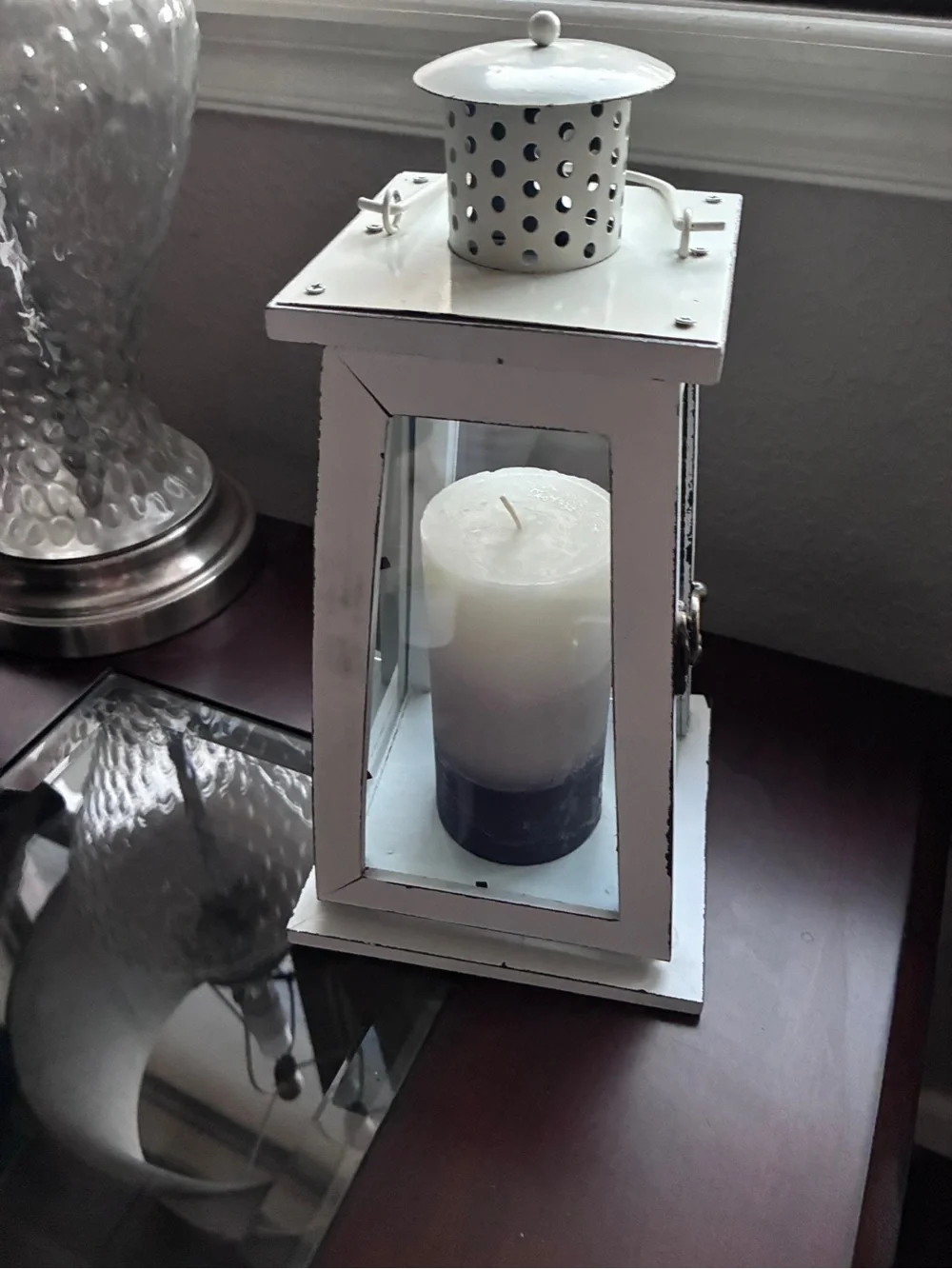 Distressed White Wooden Lantern with Two-Tone Candle - Rustic Accent